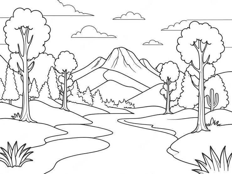 Black White Drawing Mountain Landscape With River Trees 621955 9571