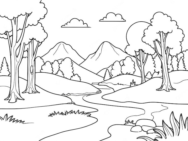 Black White Drawing Mountain Landscape With River Trees 621955 9674