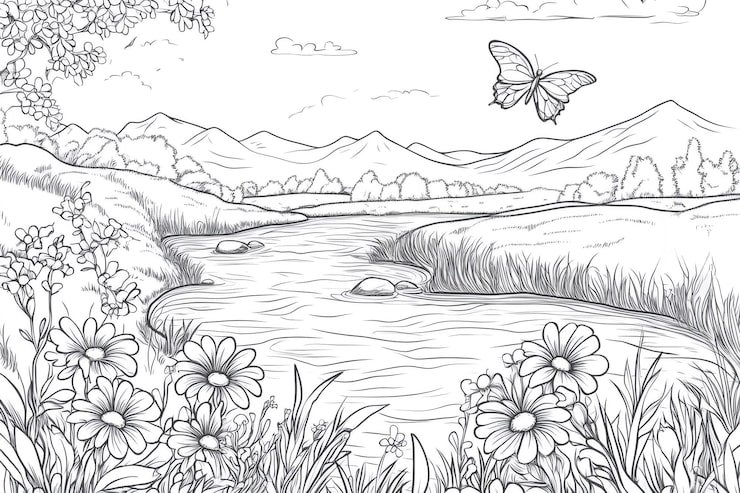 Butterflies Flying Peaceful River Flowing Through Meadows Mountains With Flowers Foreground Beautiful Landscape Coloring Page 1103944 30413