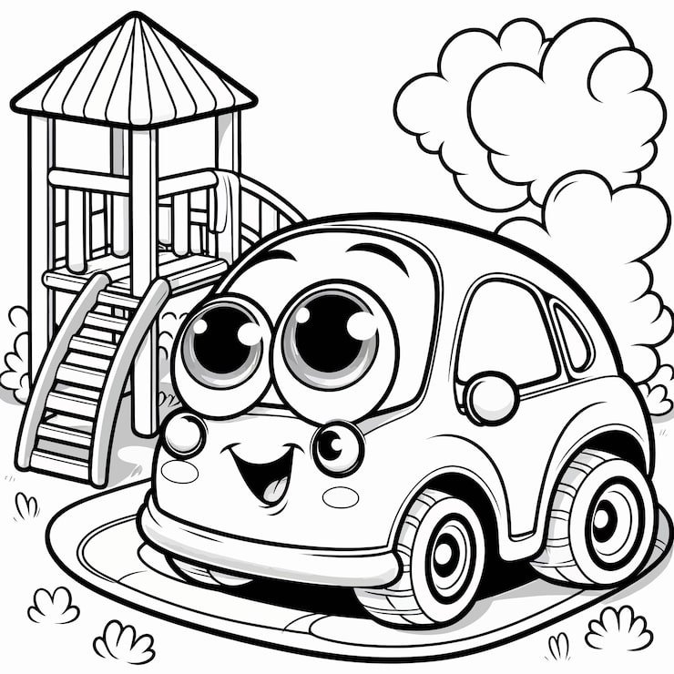 Cartoon Drawing Car With Car With Fence Wooden Structure 955663 353