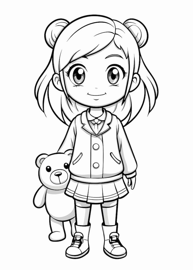 Outline Art Cute Girl Model Posing With Teddy Bear White Background Sketch Style Full Body 1183071 2474