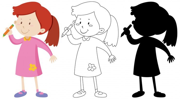 Set Girl Holding Pencil With Its Outline Silhouette 1308 44803